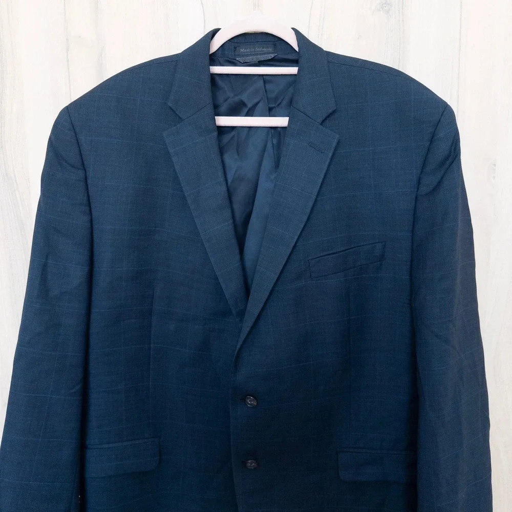 Ralph Lauren Mens Blazer 46R Navy Plaid Two Button Wool Blend Old Money Preppy
